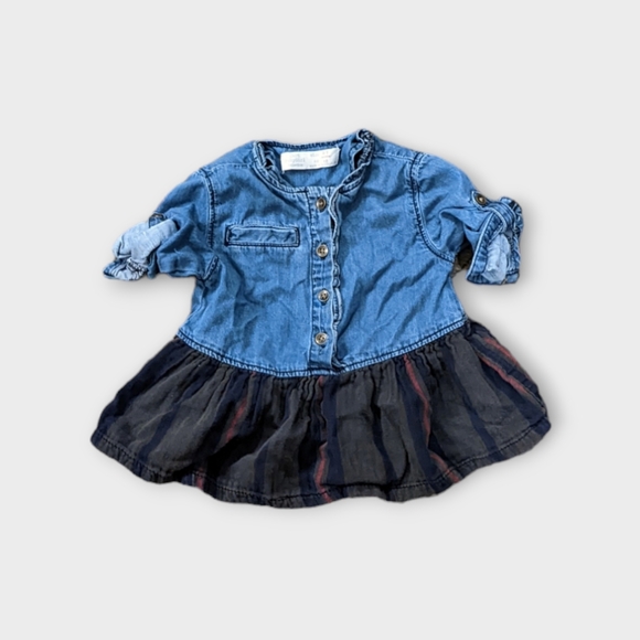 3-6 Months Zara Baby Girl Denim with Plaid Bottom Dress Style Top - Picture 1 of 4